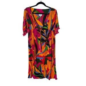 True Destinations Tropical Abstract Print Tassel Midi Dress Medium